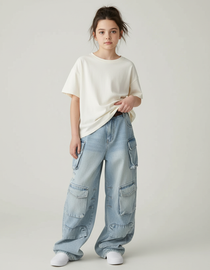 Pantalon Cargo Jean Ample Bleu Multipoches Fille