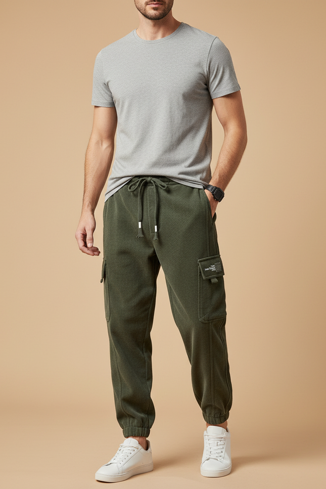 Pantalon Cargo Vert Côtelé Ample Homme Cordon - Cordé