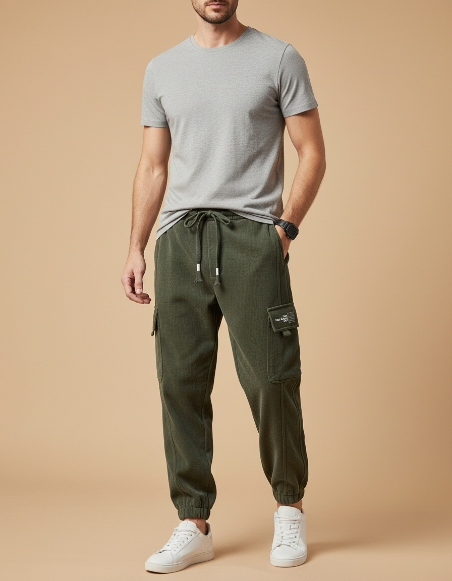 Pantalon Cargo Vert Côtelé Ample Homme Cordon - Cordé