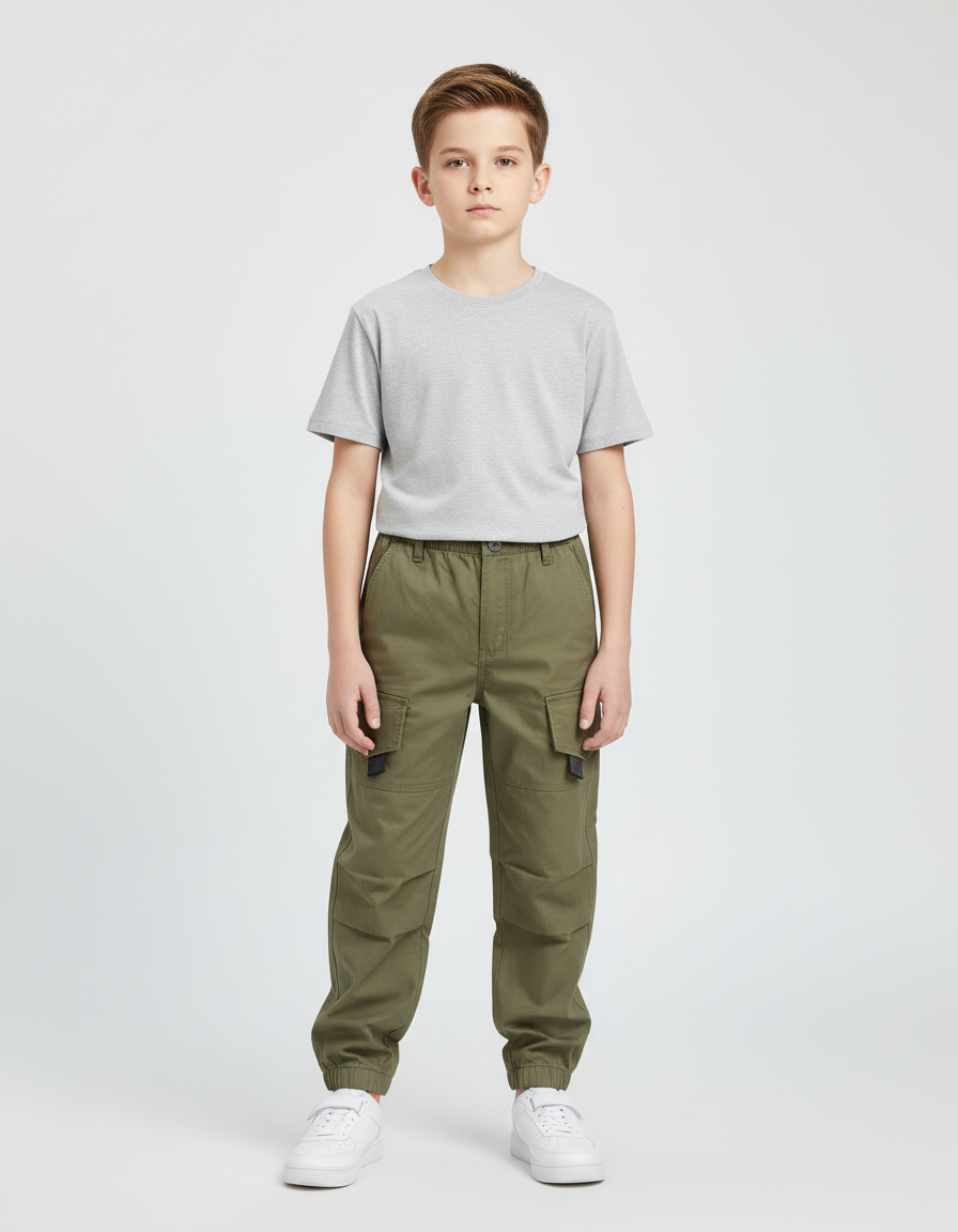 Pantalon Cargo Kaki Ample Multipoches Enfant Coton