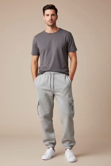 Pantalon Cargo Gris Molleton Ample Multipoches Homme