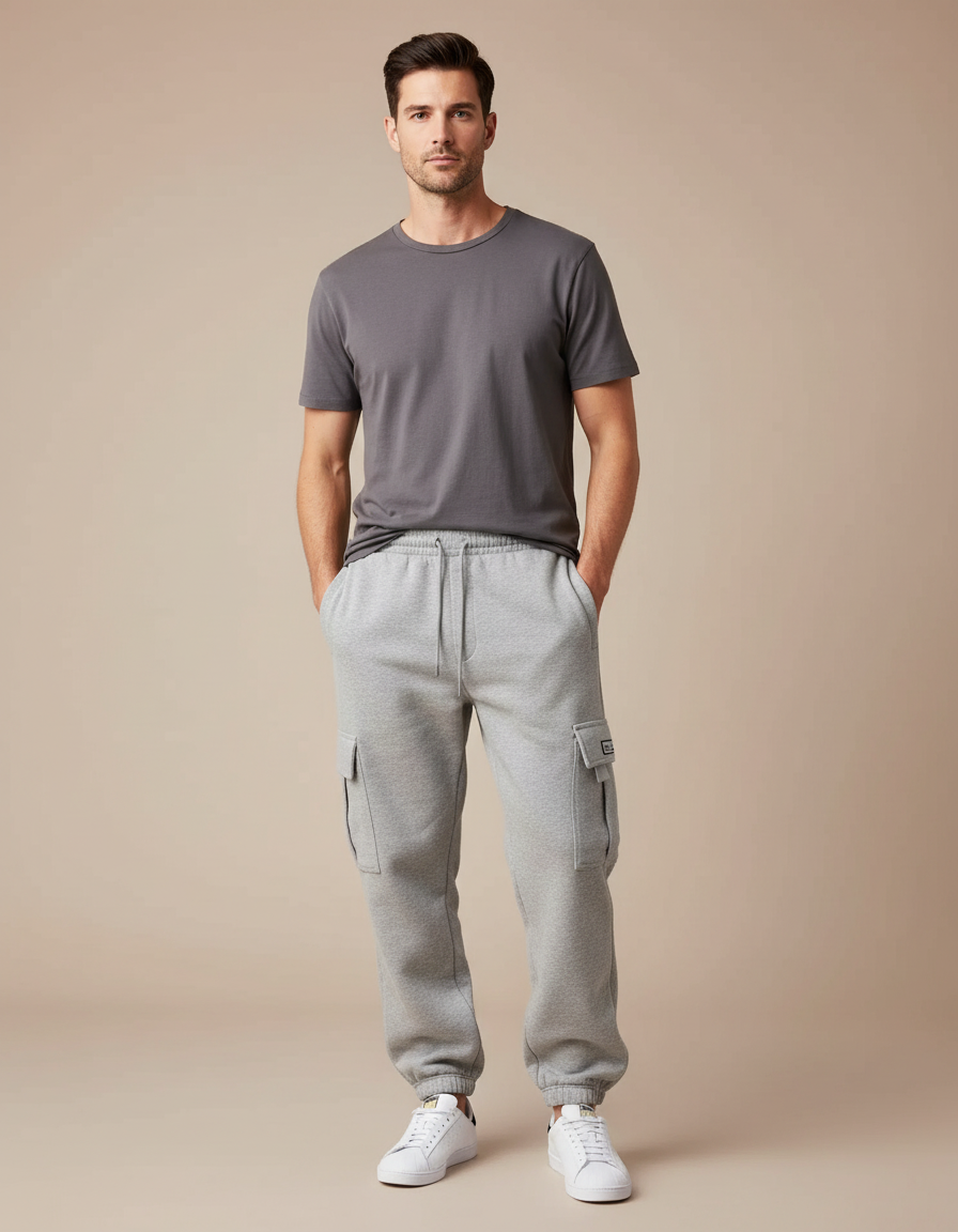 Pantalon Cargo Gris Molleton Ample Multipoches Homme