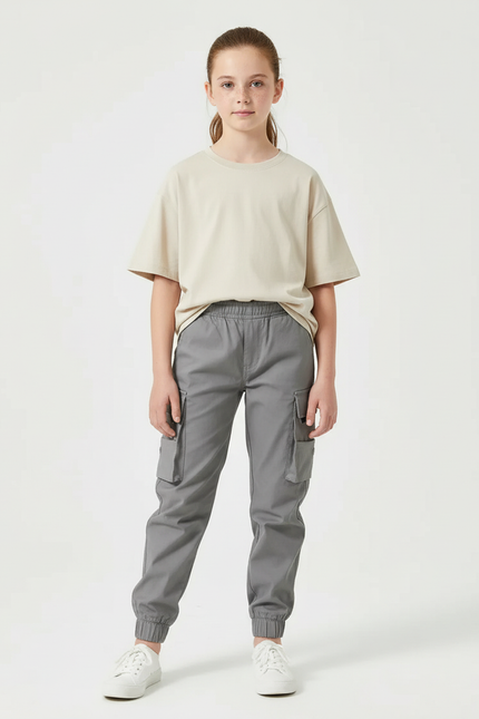 Pantalon Cargo Gris Ample Multipoches Enfant Décontracté - Toile