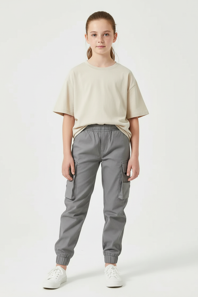 Pantalon Cargo Gris Ample Multipoches Enfant Décontracté - Toile