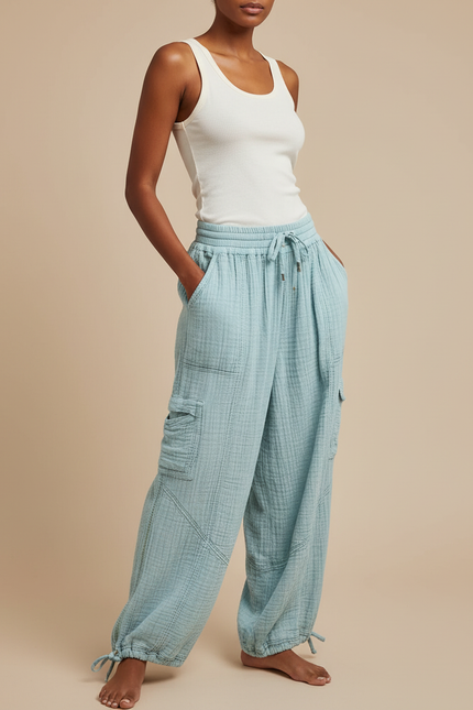 Pantalon Cargo Bleu Ciel Gaufré Ample Coton