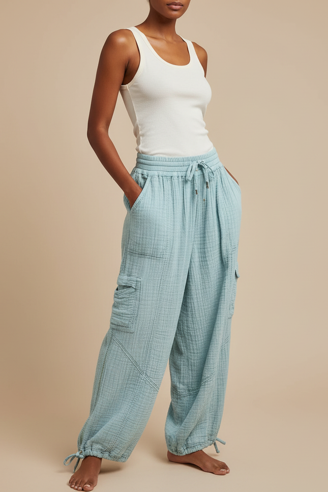 Pantalon Cargo Bleu Ciel Gaufré Ample Coton