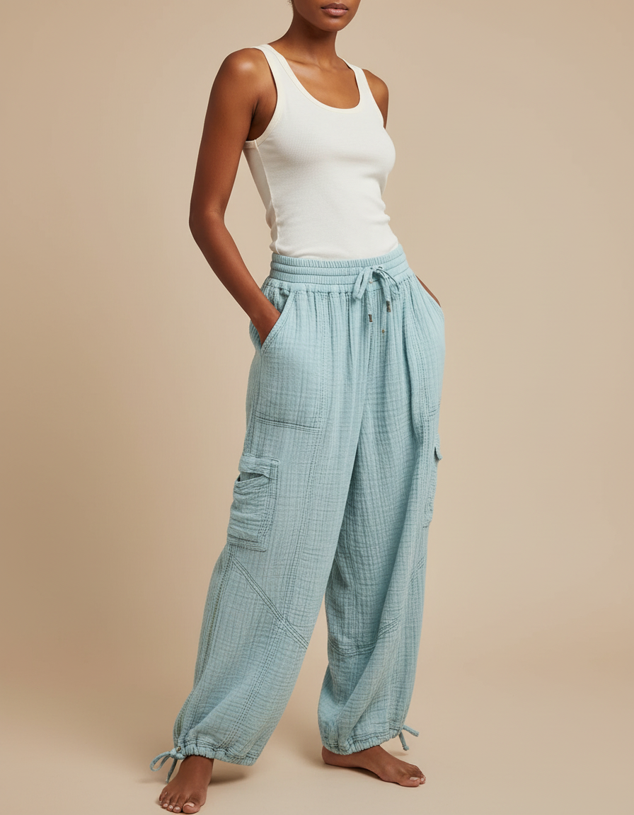 Pantalon Cargo Bleu Ciel Gaufré Ample Coton