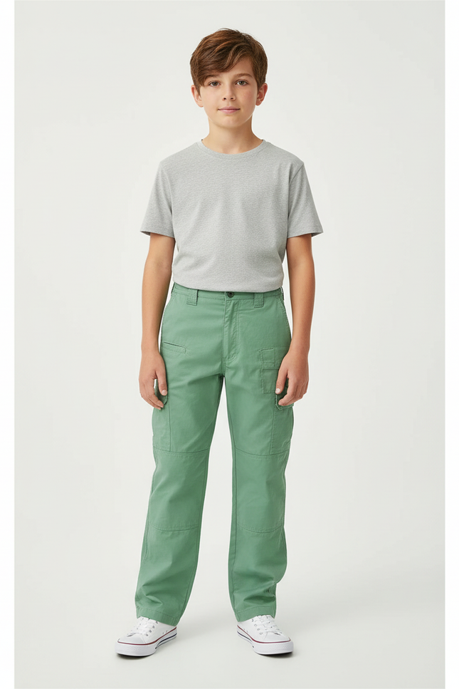 Pantalon Cargo Vert Coupe Droite Coton Enfant Décontracté