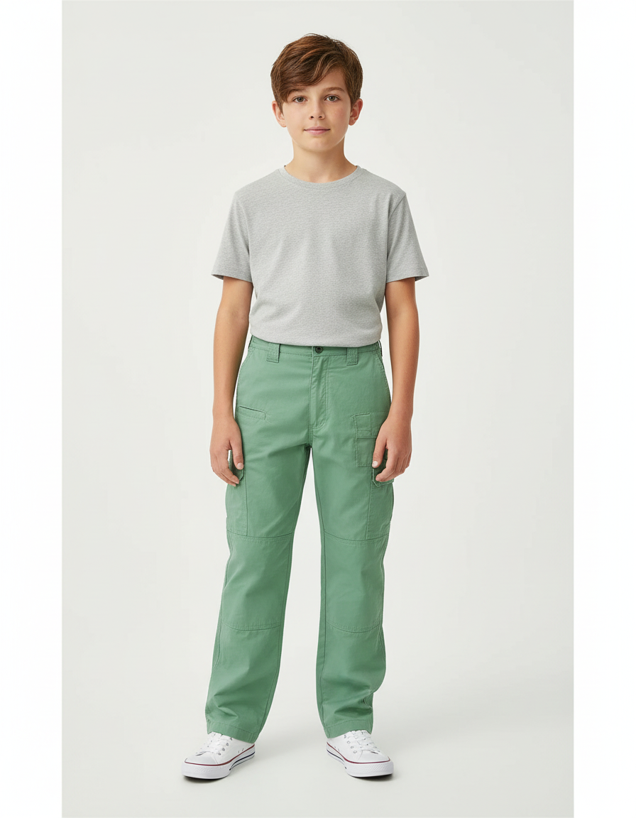 Pantalon Cargo Vert Coupe Droite Coton Enfant Décontracté