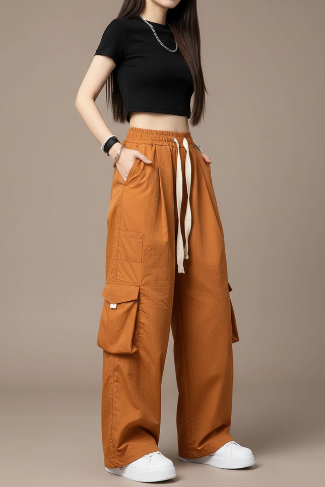 Pantalon Cargo Ample Marron Taille Élastique Femme - Gabardine