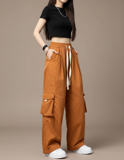 Pantalon Cargo Ample Marron Taille Élastique Femme - Gabardine