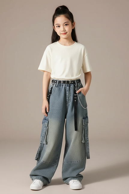 Pantalon Cargo Jean Ample Bleu Décontracté Multipoches