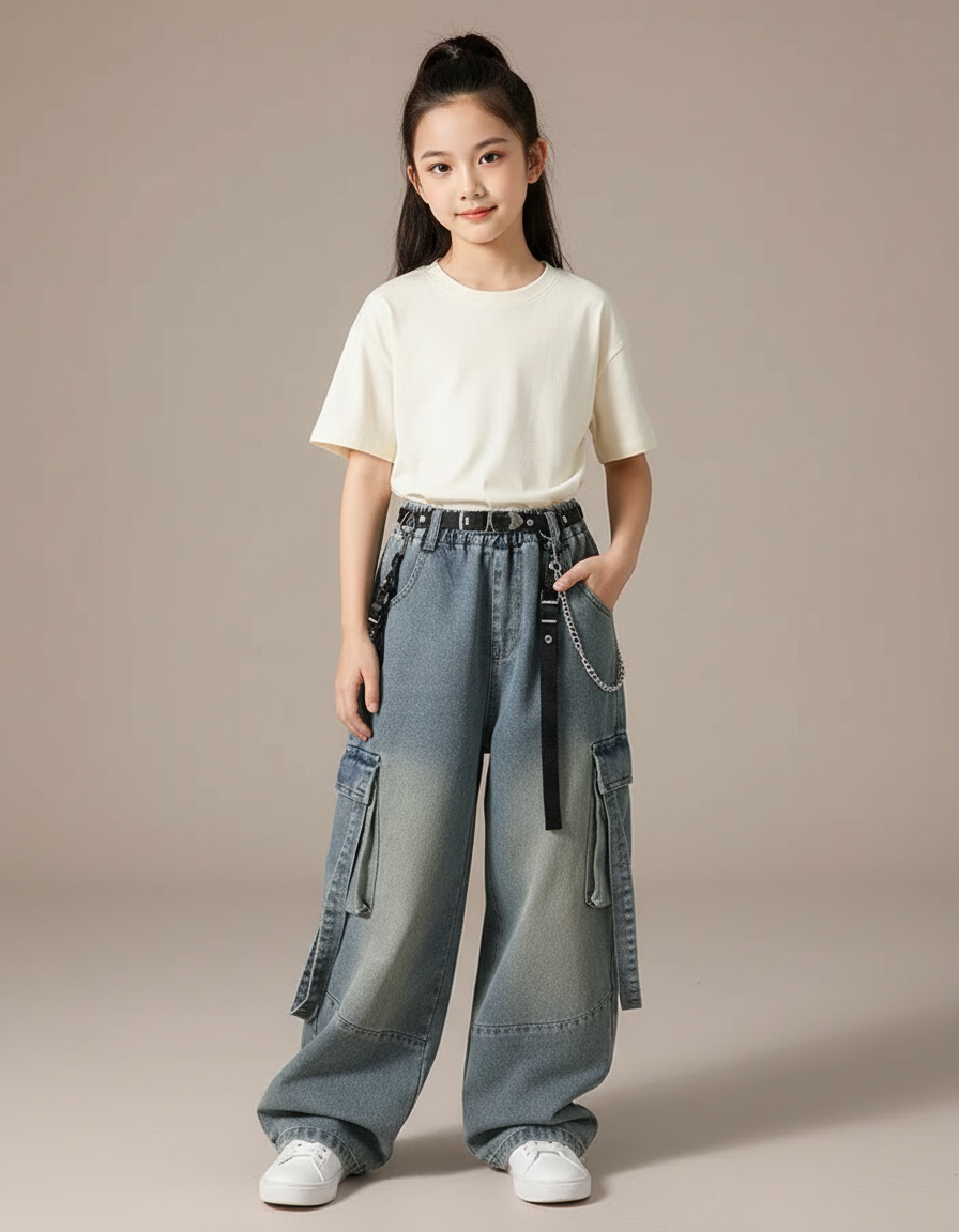 Pantalon Cargo Jean Ample Bleu Décontracté Multipoches