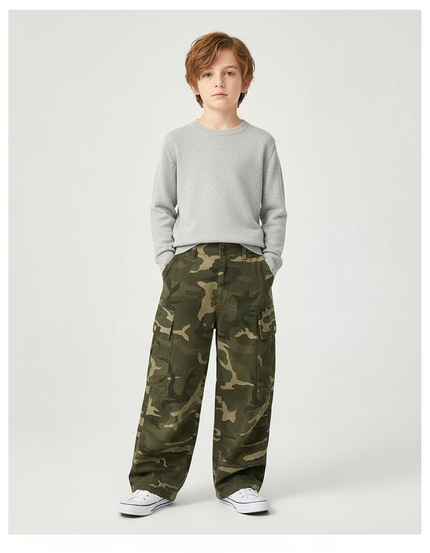 Pantalon Cargo Camouflage Ample Garçon Décontracté - Kaki Toile