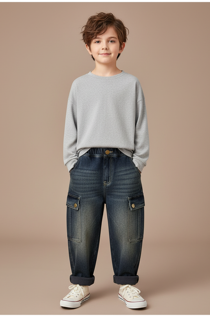 Pantalon Cargo Jean Ample Bleu Multipoches Garçon