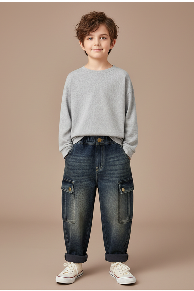 Pantalon Cargo Jean Ample Bleu Multipoches Garçon