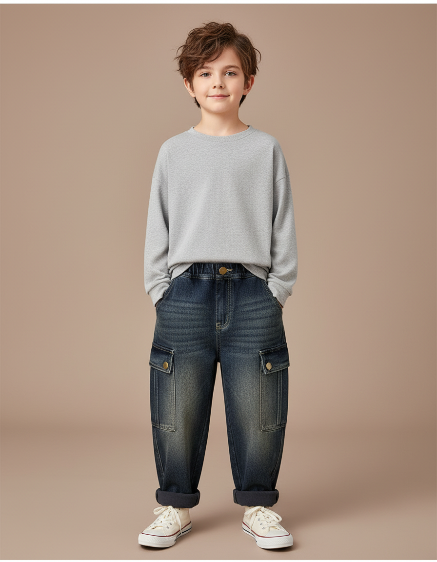 Pantalon Cargo Jean Ample Bleu Multipoches Garçon