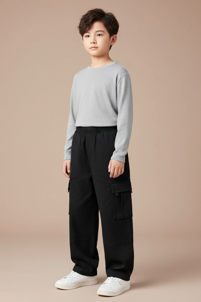 Pantalon Cargo Noir Ample Multipoches Enfant Doublé Polaire - Molleton