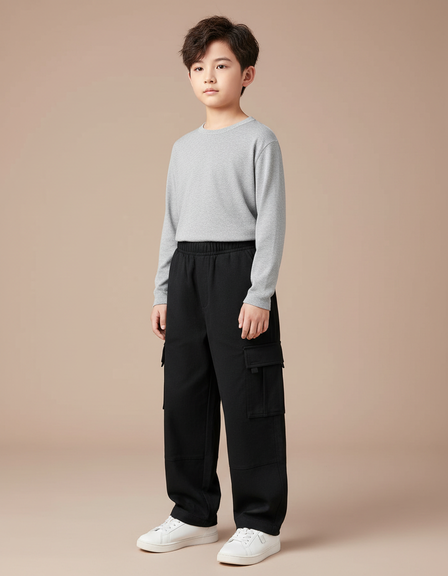 Pantalon Cargo Noir Ample Multipoches Enfant Doublé Polaire - Molleton