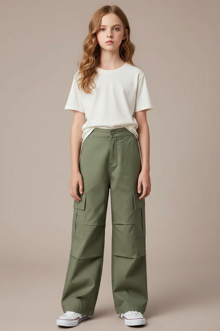 Pantalon Cargo Vert Ample Multipoches Enfant Fille - Kaki Toile