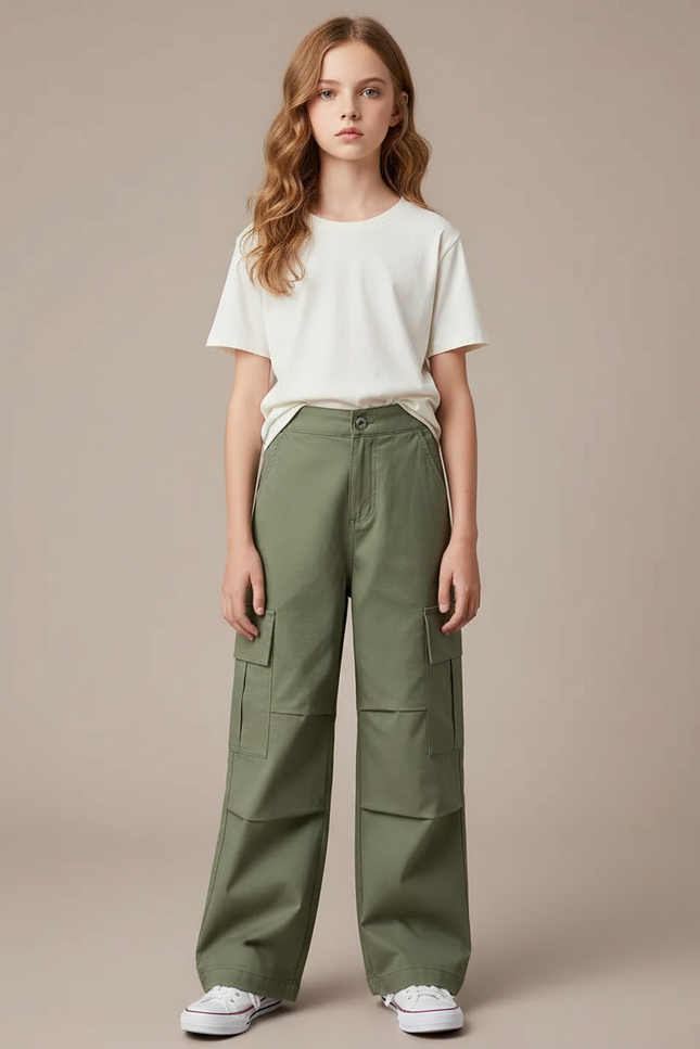 Pantalon Cargo Vert Ample Multipoches Enfant Fille - Kaki Toile
