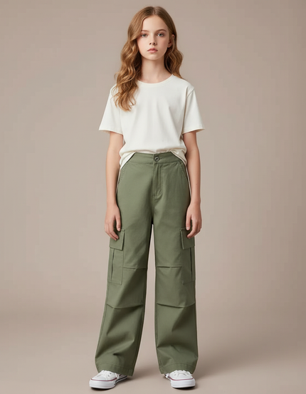 Pantalon Cargo Vert Ample Multipoches Enfant Fille - Kaki Toile