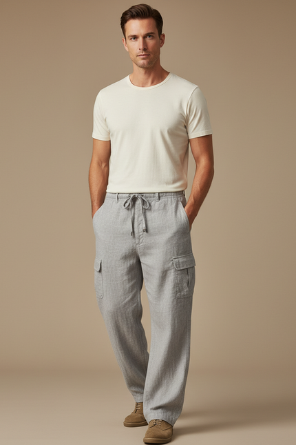 Pantalon Cargo Gris Lin Ample Décontracté Homme