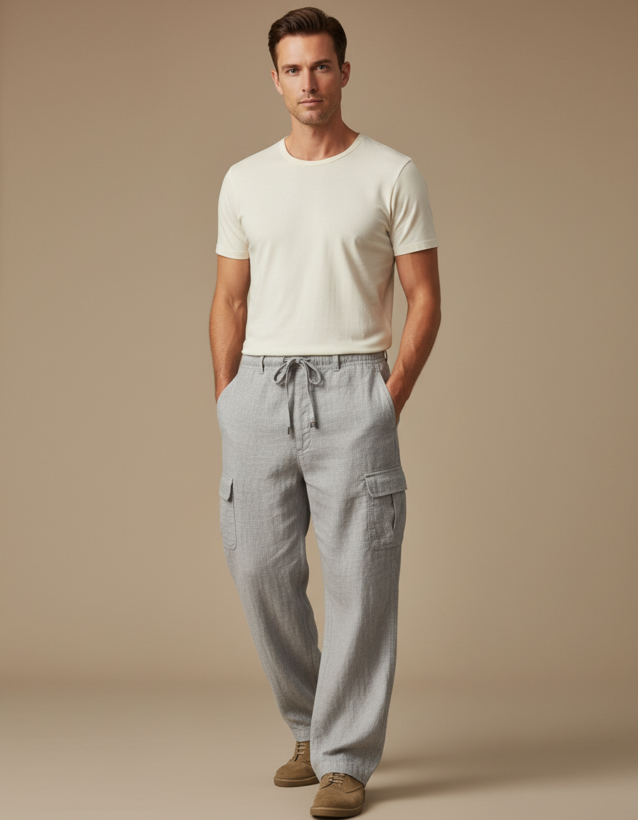 Pantalon Cargo Gris Lin Ample Décontracté Homme