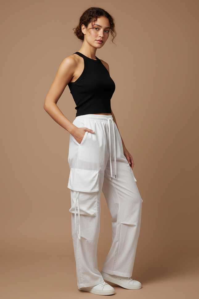 Pantalon Cargo Blanc Ample Cordon Multipoches Femme - Toile