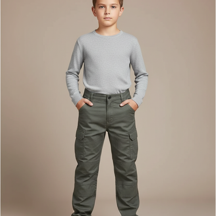 Pantalon Cargo Vert Multipoches Classique Enfant - Kaki Toile