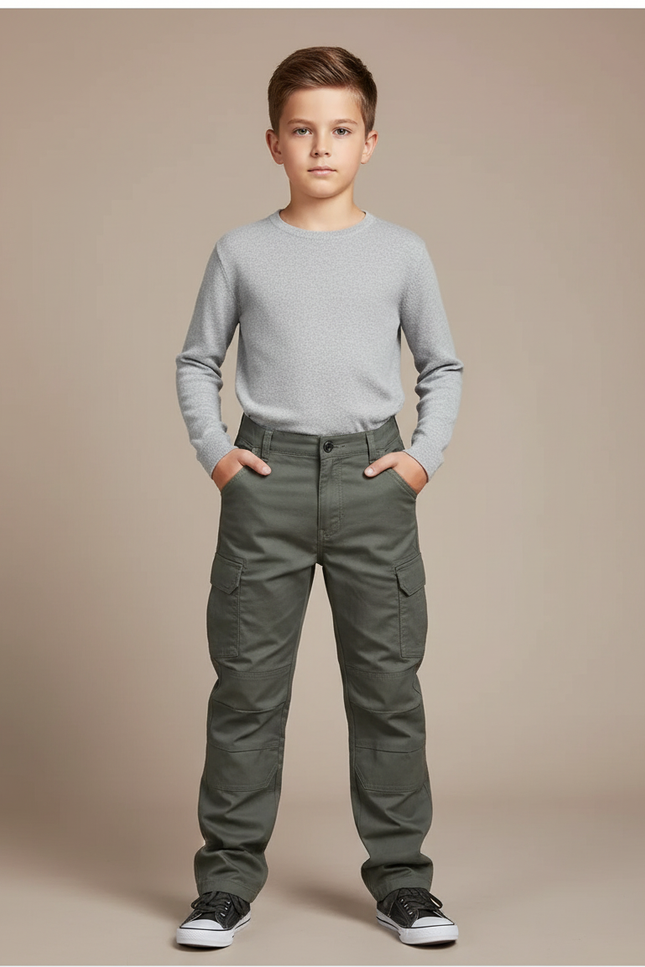 Pantalon Cargo Vert Multipoches Classique Enfant - Kaki Toile