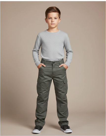 Pantalon Cargo Vert Multipoches Classique Enfant - Kaki Toile