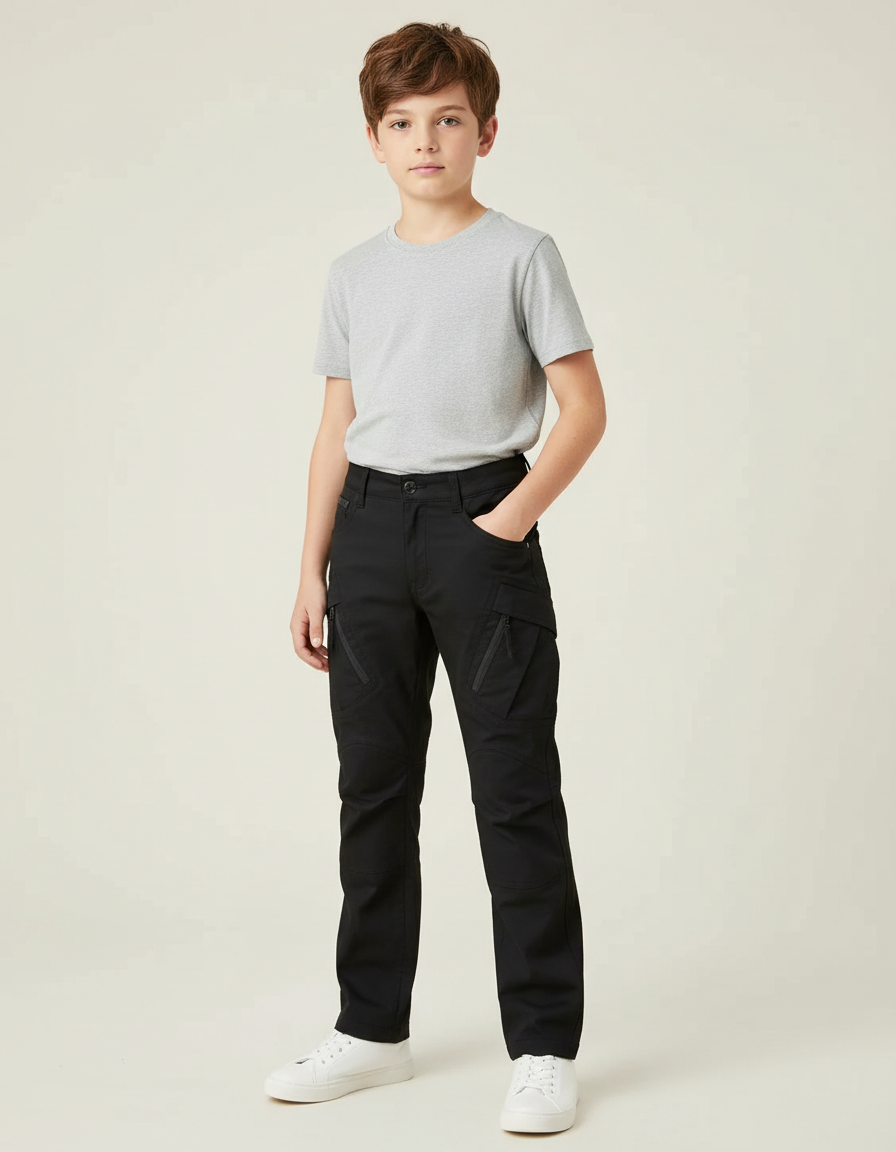 Pantalon Cargo Noir Enfant Coton Multi-Poches - Toile
