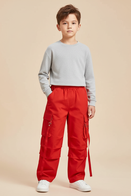 Pantalon Cargo Rouge Ample Streetwear Poches Garçon - Toile