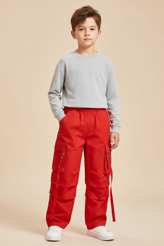 Pantalon Cargo Rouge Ample Streetwear Poches Garçon - Toile