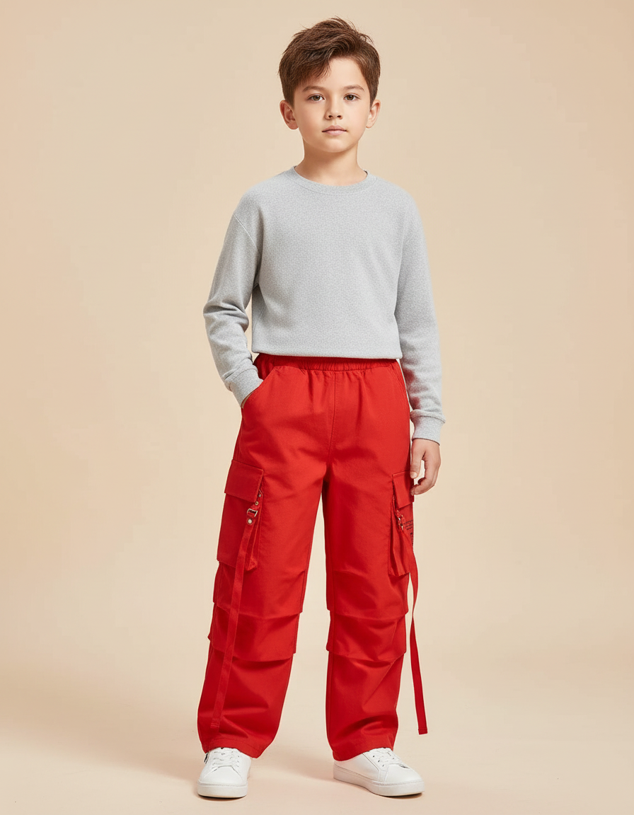 Pantalon Cargo Rouge Ample Streetwear Poches Garçon - Toile
