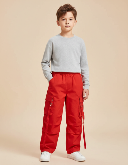 Pantalon Cargo Rouge Ample Streetwear Poches Garçon - Toile