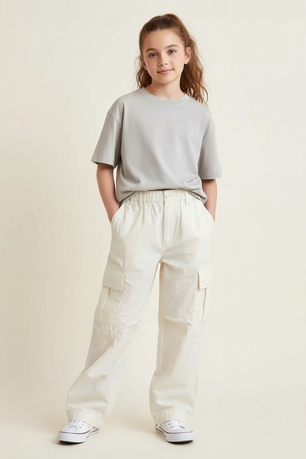 Pantalon Cargo Beige Ample Poches Coton Fille