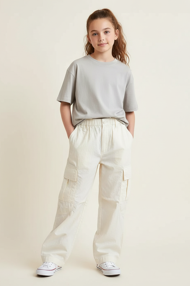 Pantalon Cargo Beige Ample Poches Coton Fille