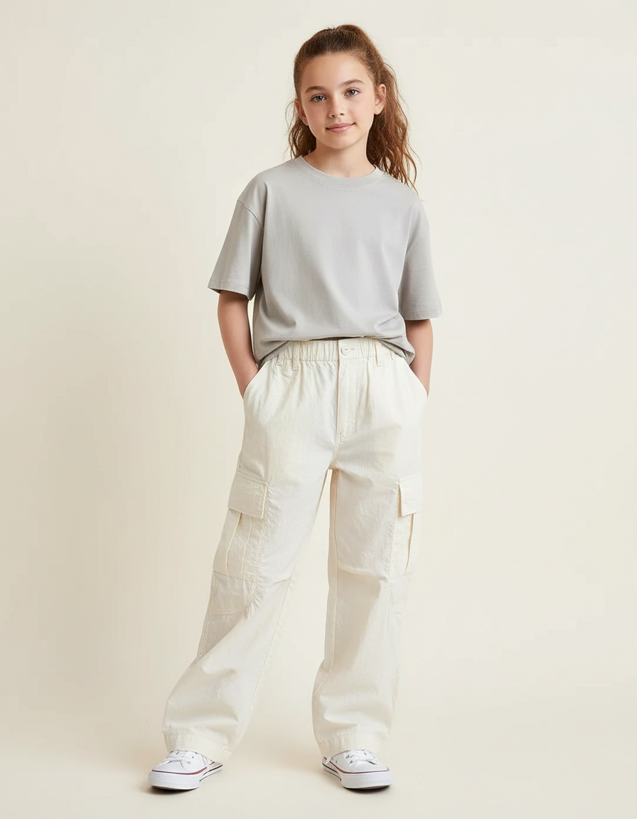 Pantalon Cargo Beige Ample Poches Coton Fille