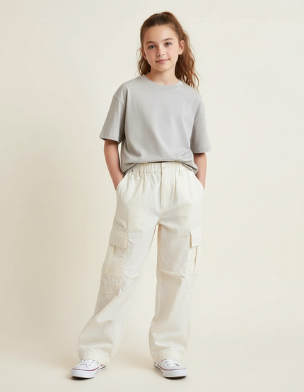Pantalon Cargo Beige Ample Poches Coton Fille