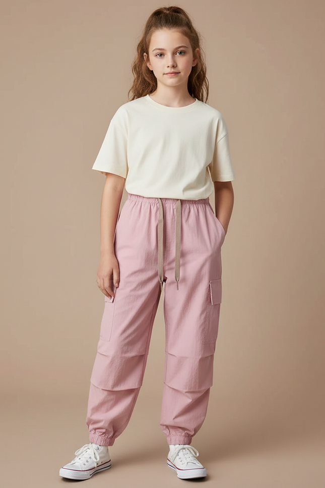 Pantalon Cargo Rose Ample Décontracté Jogger Fille - Polyester
