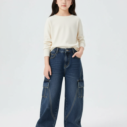 Pantalon Cargo Jean Bleu Ample Enfant Fille - Marine