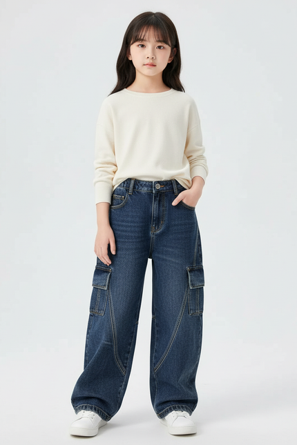 Pantalon Cargo Jean Bleu Ample Enfant Fille - Marine