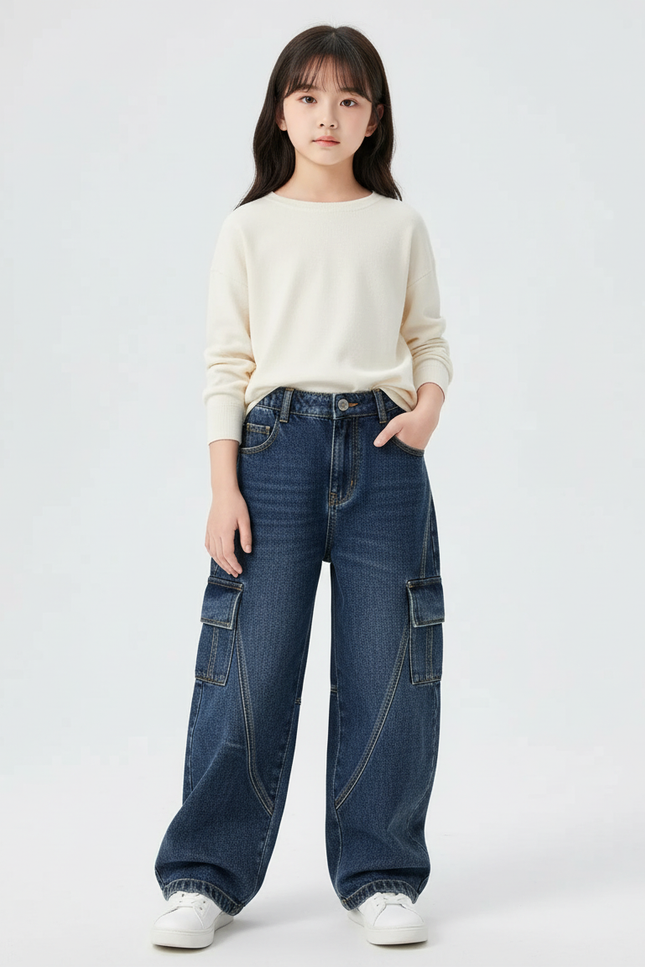 Pantalon Cargo Jean Bleu Ample Enfant Fille - Marine