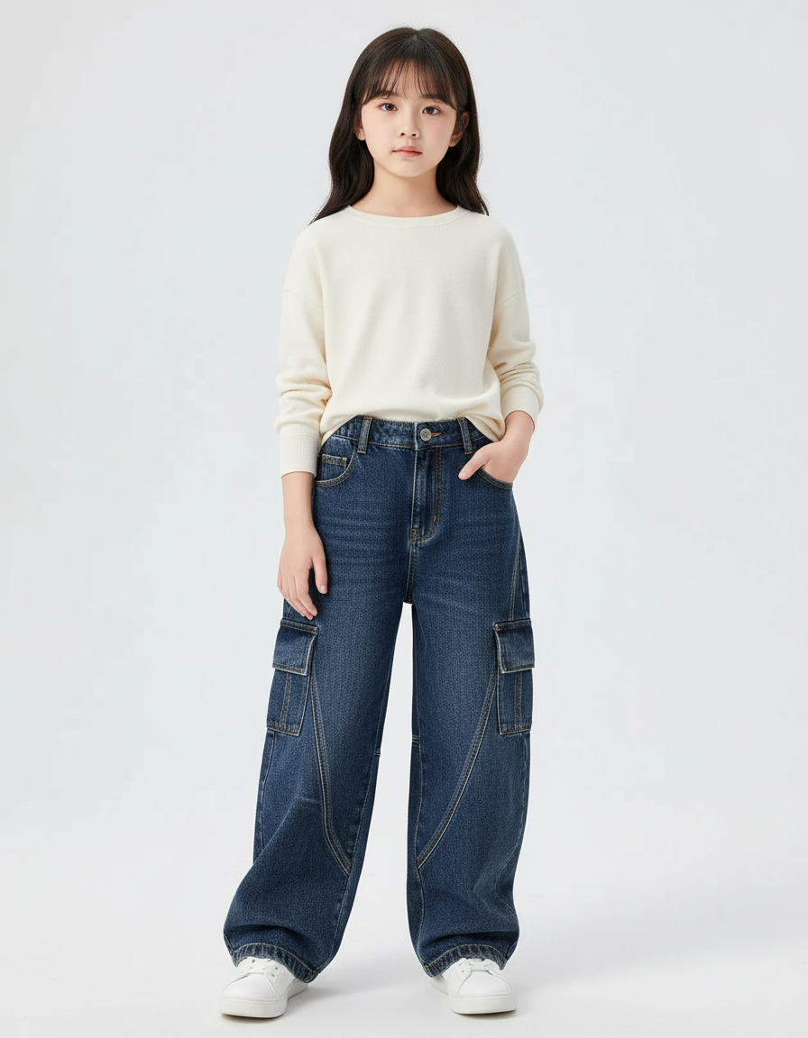 Pantalon Cargo Jean Bleu Ample Enfant Fille - Marine