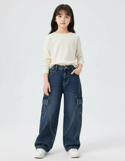 Pantalon Cargo Jean Bleu Ample Enfant Fille - Marine