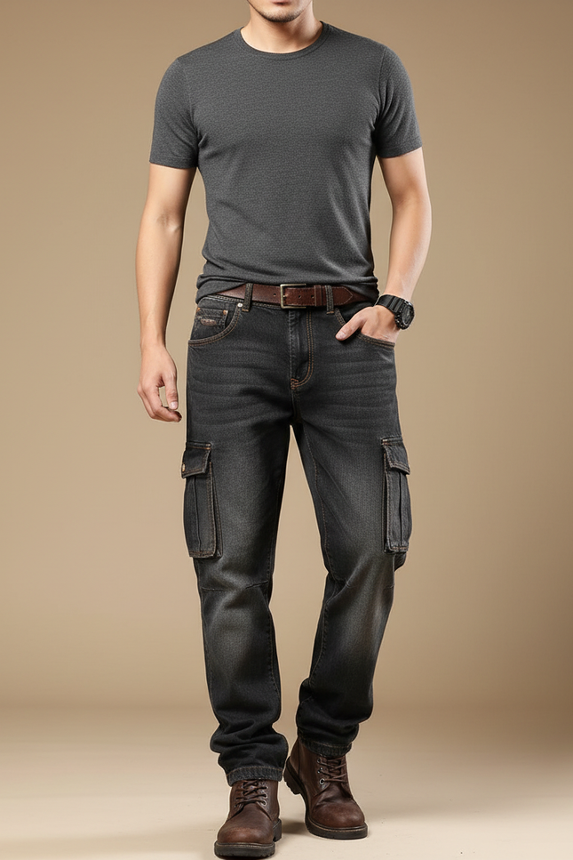 Pantalon Cargo Homme Denim Gris Ample Multipoches Décontracté - Jean
