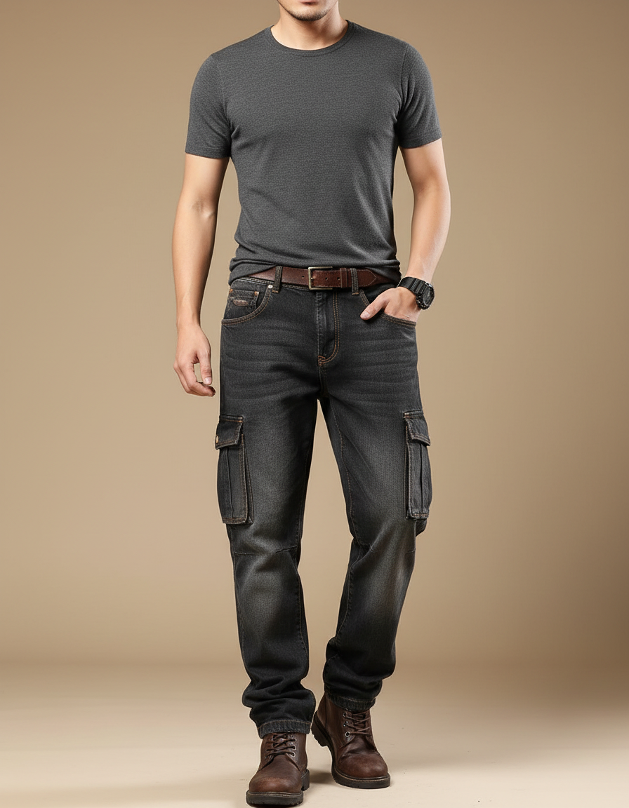 Pantalon Cargo Homme Denim Gris Ample Multipoches Décontracté - Jean