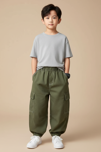 Pantalon Cargo Vert Ample Coton Enfant - Kaki Toile